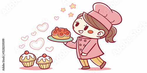 Delightful Pastry Chef Cartoon Girl Baking Sweet Cakes and Cupcakes