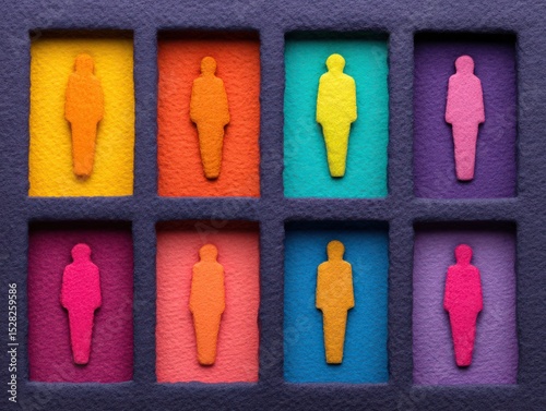 Colorful cut-out figures in various hues arranged in a grid formation reflecting individuality and diversity emphasized through vibrant tones symbolizing self-expression and identity