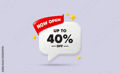 Discount tag chat speech bubble. Now open flag ribbon. Up to 40 percent off sale. Discount offer price sign. Special offer symbol. Save 40 percentages. 3d sparkle stars speech bubble. Vector
