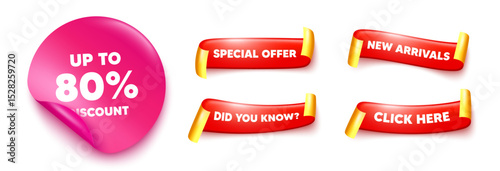 Discount tag sticker, offer ribbons. New arrivals, Click here. Up to 80 percent discount. Sale offer price sign. Special offer symbol. Save 80 percentages. Pink sticker tag. Vector