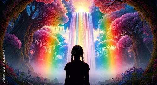 Silhouette of girl with rainbow waterfall and colorful trees in fantasy landscape setting is visible