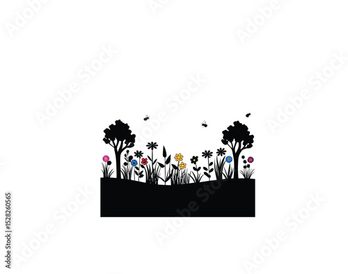 A flowering meadow with bees buzzing and distant trees on white background
