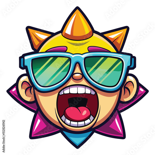 cartoon face with big neon colored star sunglasses