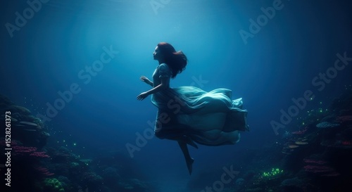 A woman with red hair in a dress floats gracefully underwater in a deep blue ocean environment scene