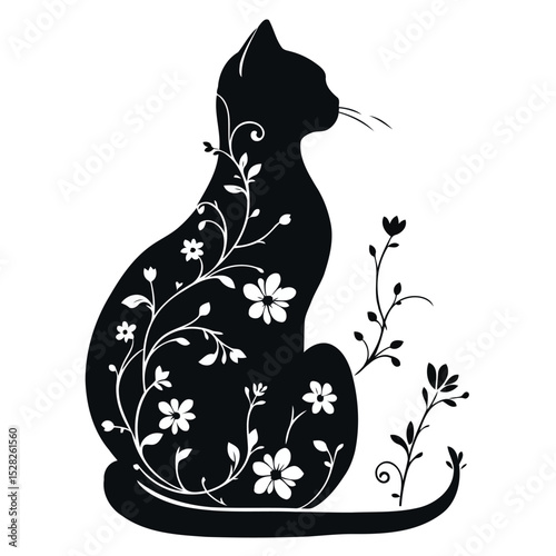 Black cat silhouette with a flower, a cute cartoon illustration of a domestic animal symbol