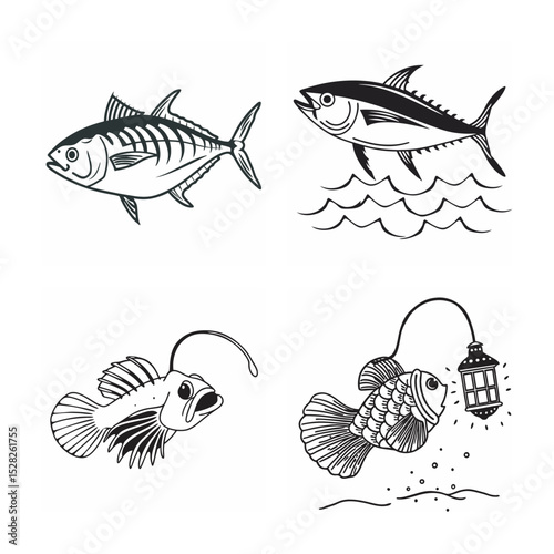 line art of marine fish on the white background