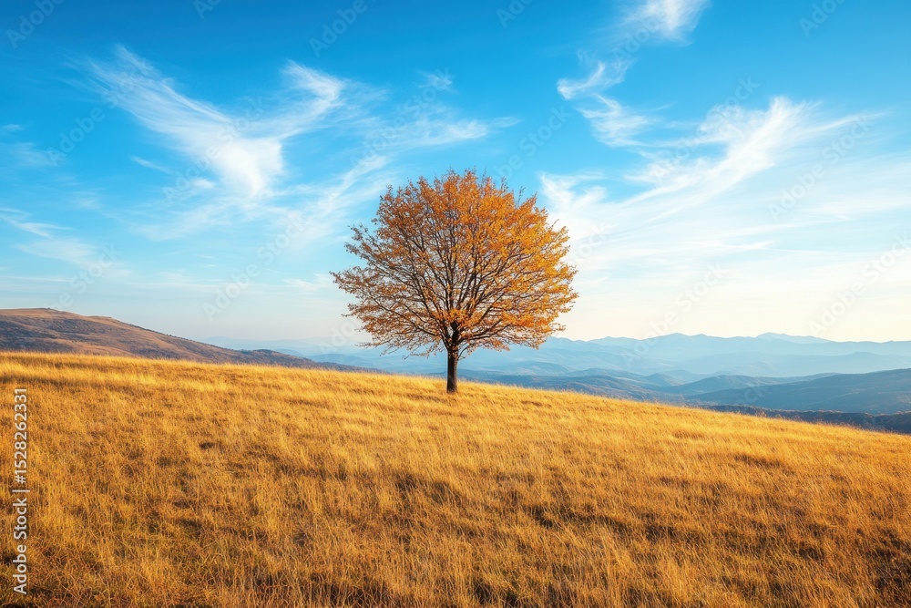 Fototapeta premium Lone tree stands on golden autumn hillside under expansive blue sky with distant mountains in background, Lone tree on a golden autumn hillside under blue sky with mountains in the distance