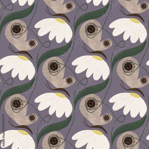 Retro White Daisy Pattern on Dusty Purple Seamless Pattern