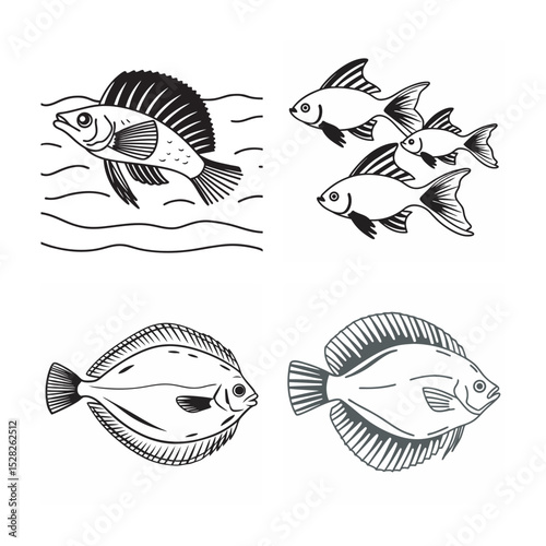 line art of marine fish on the white background