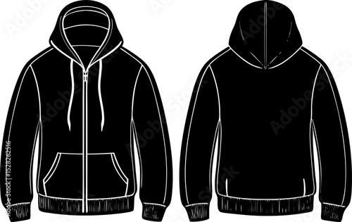 Black blank hoodie template from two sides isolated on transparent white background, clipping path