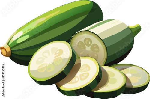 fresh green zucchini with slice. A zucchini sliced in rounds on a white background