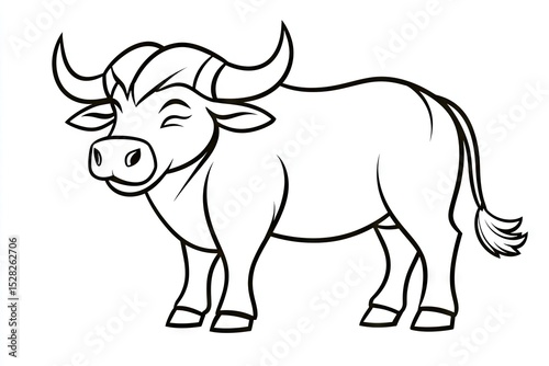 Black and white illustration of a cartoon water buffalo.