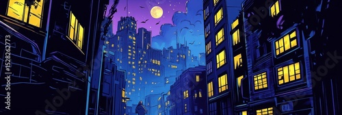 Comic City Background. Vibrant Urban Illustration in Moonlight with Street Scene