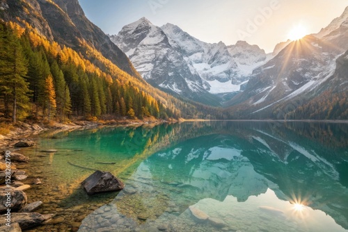 Serene alpine lake at sunrise with autumn colors