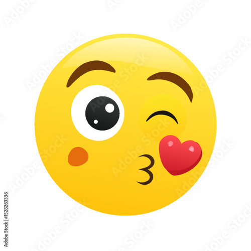 Emoji happy with kiss marks on his cheeks. Emotion 3d cartoon icon. Yellow round emoticon. Vector illustration