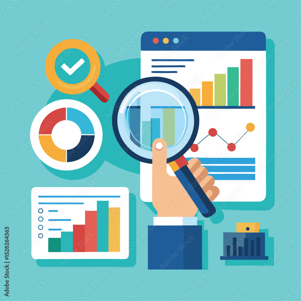 Fototapeta premium Flat design concept with business infographics, data analysis, and technology symbols for web and report illustrations
