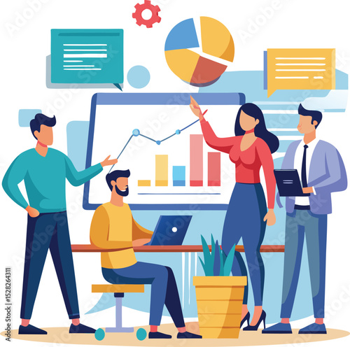 Vector illustration of at office desks with charts, a cartoon concept of communication and teamwork