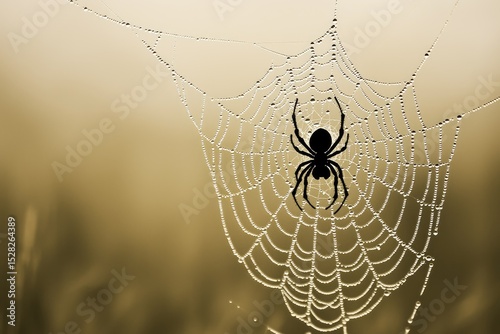 Spider web with dew drops in soft light.