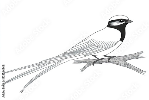 Detailed black and white drawing of a bird perched on a branch.