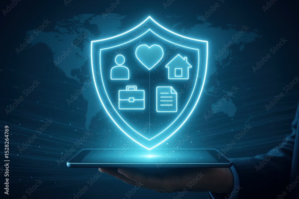 Fototapeta premium Futuristic digital shield hologram displaying protection icons for life, health, property, work, and documents above a tablet in a secure global network environment