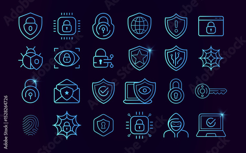 Cyber security icons. Safety digital system computer network. Data attack protect symbols, firewall signs. Line lock and shield. Safe privacy information logo. Vector illustration