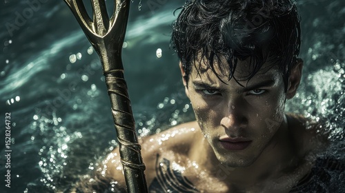 Cosplay Men. Trident-Wielding Young Model in Justice League Cosplay by the Water