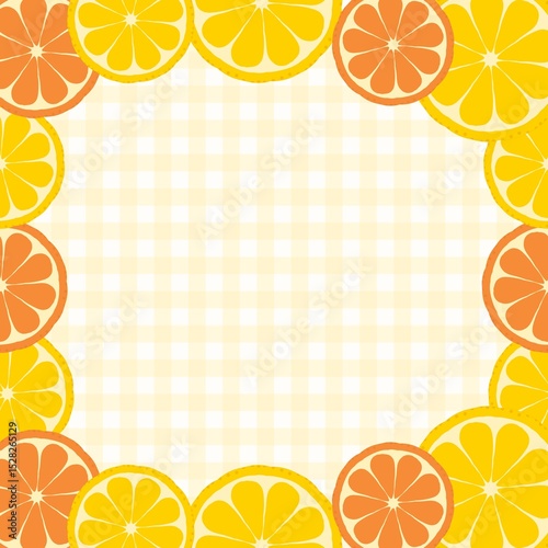 Citrus fruit frame with orange and lemon slices on a yellow gingham background. Fresh and bright summer border, perfect for invitations, cards, or food-themed designs.
