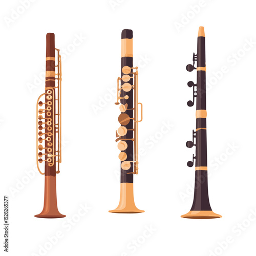 Woodwind Instruments illustration vector 2D flat, isolated on a white background.