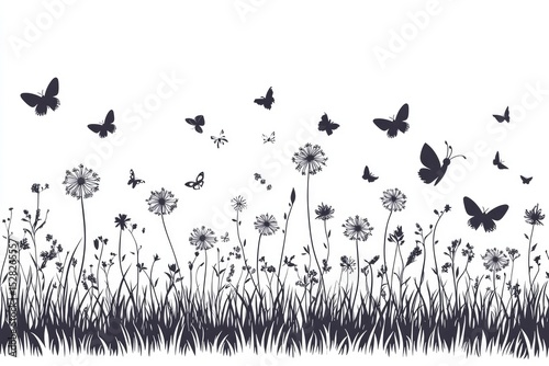 Silhouette design of wildflowers, grass, and butterflies.