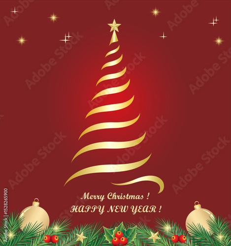 Happy New Year 2026. Holiday background with Christmas tree and decorations made of fir branches, rowan berries and balls. Vector illustration for festive design of greeting card, poster, backdrops.