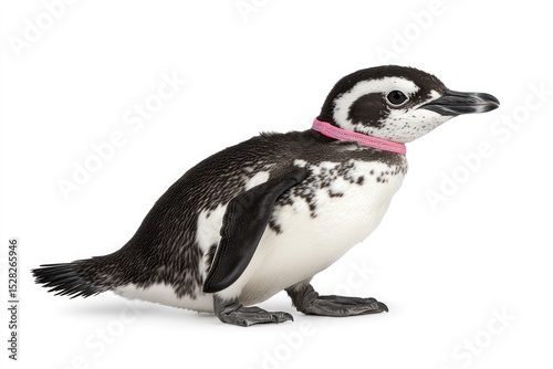 Young penguin wearing a pink band.