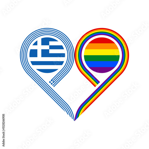 friendship concept. heart symbol icon of greece and rainbow flags. vector illustration isolated on white background