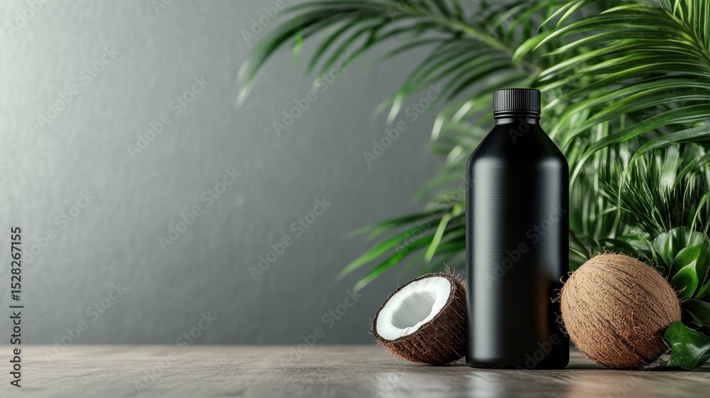 Naklejka premium A sleek black bottle stands beside fresh coconuts, evoking a sense of freshness and tropical indulgence, perfect for health-conscious beverage lovers.