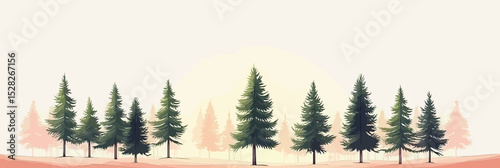 Minimalist pine tree forest landscape with soft morning light and layered silhouette design vector illustration flat style