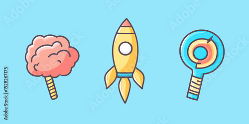 Colorful hand drawn doodle style brain apple cotton candy rocket and target icons set for creative business startup and innovation concepts vector illustration
