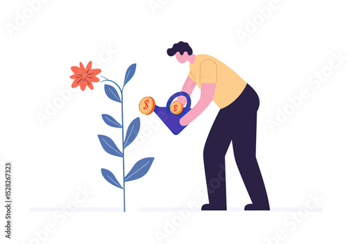 Businessman watering plant with coins growing into flower symbolizing investment growth profit and financial success concept in flat design vector illustration