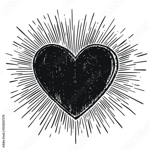Grunge black heart with retro sunburst rays hand drawn sketch style vector illustration for love and romantic design concept