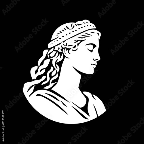 Minimalist black and white vector illustration of Greek goddess Aphrodite profile with crown and flowing hair classical mythology symbol beauty and femininity art design