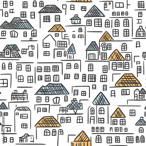 Seamless hand drawn doodle pattern of simple houses with colored roofs in minimalist black line sketch style background texture for print design and decoration