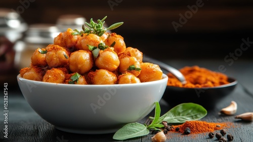 Fototapeta Naklejka Na Ścianę i Meble -  This image captures a vibrant bowl of spiced chickpeas, garnished with herbs, showcasing their rich texture and inviting colors, perfect for food photography lovers.