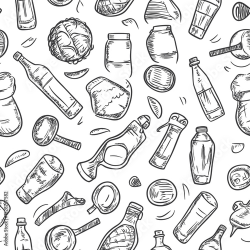 Hand drawn sketch seamless pattern of cooking oil bottles jars and kitchen utensils in black and white vector illustration for food cooking and kitchen background design