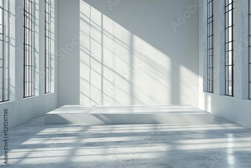Empty, bright interior space with shadows and a raised platform.