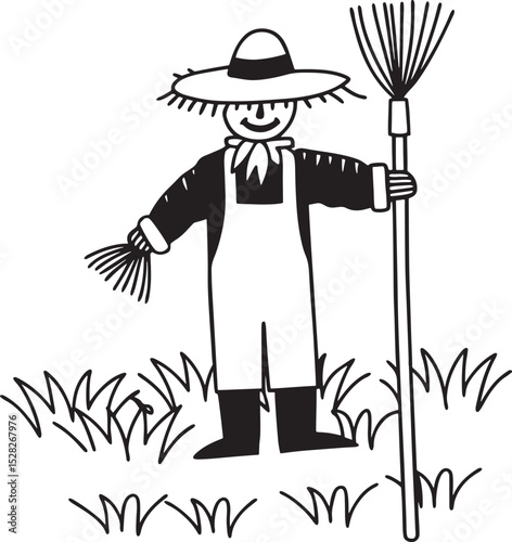Friendly scarecrow silhouette holding rake isolated on white background
