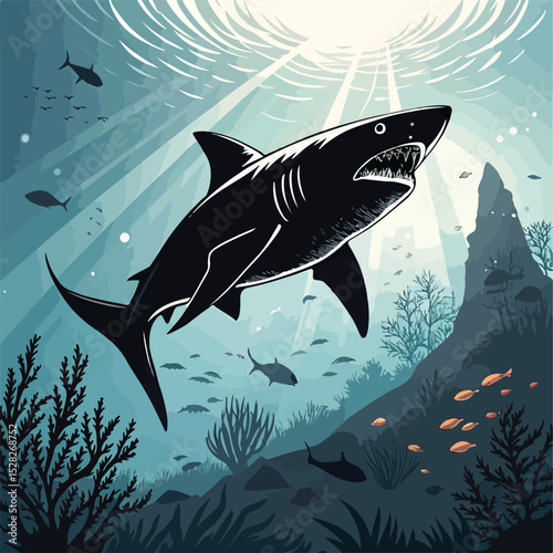 Cartoon vector illustration of sharks and fish swimming in the blue ocean