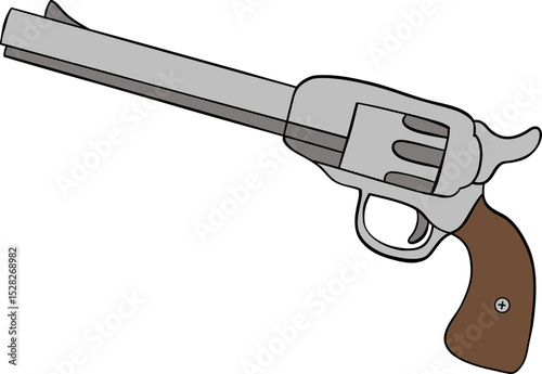 Silver revolver with brown handle and long barrel, classic western style firearm illustration