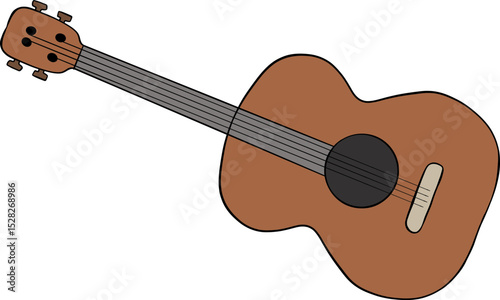 Acoustic guitar with wooden body and six strings isolated on transparency background, classic musical instrument for playing melodies and chords