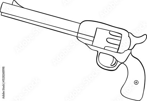 Revolver gun outline drawing with cowboy equipment style, simple black line art design, western weapon concept illustration