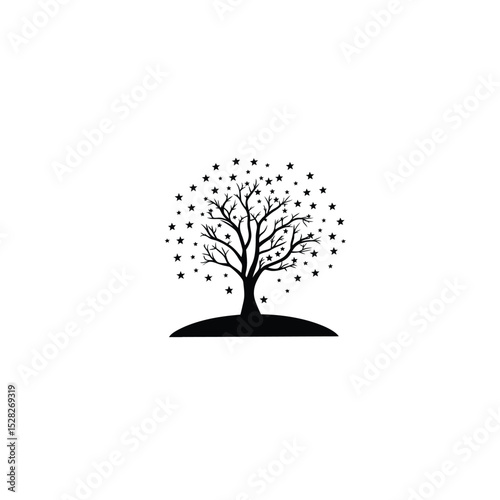 A silhouette of a tree on a hilltop with stars in the background on white background