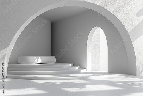Elegant, minimalist interior design with arches and a podium.