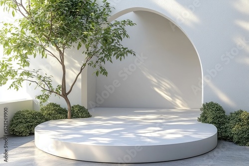 Empty, round podium with greenery and arched wall.